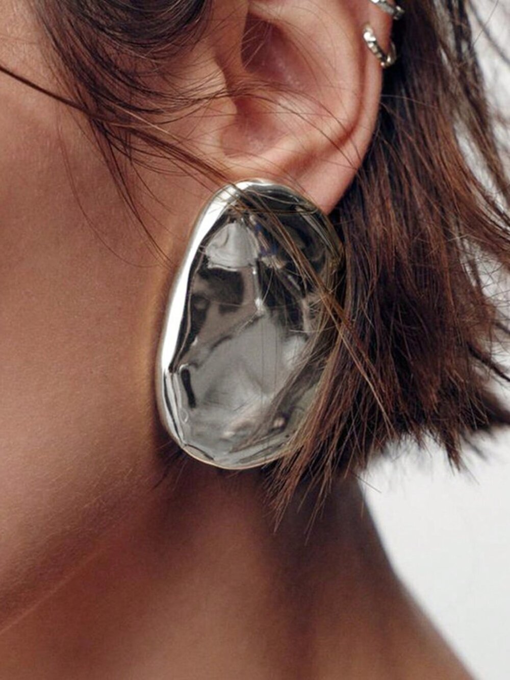 Silver Boho Women's Asymmetric Textured Geometric Oval Earrings